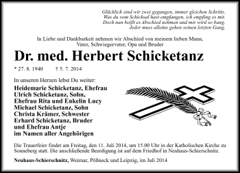 Traueranzeige von Herbert Schicketanz von Südthüringer Presse