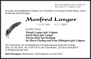 Traueranzeige von Manfred Langer von Südthüringer Presse