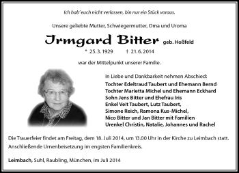 Traueranzeige von Irmgard Bitter von Südthüringer Presse