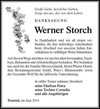 Traueranzeige von Werner Storch von Südthüringer Presse