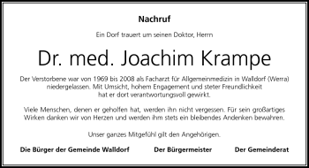 Traueranzeige von Joachim Krampe von Südthüringer Presse