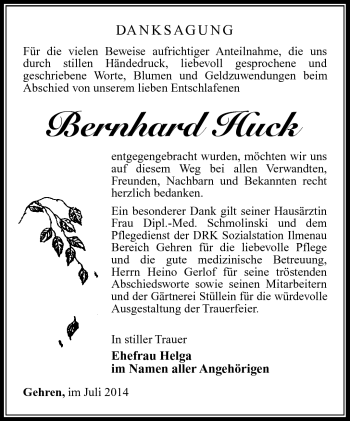 Traueranzeige von Bernhard Huck von Südthüringer Presse