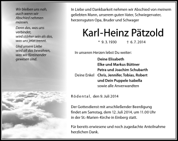 Traueranzeige von Karl-Heinz Pätzold von Neue Presse Coburg