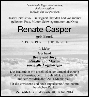 Traueranzeige von Renate Casper von Südthüringer Presse