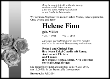 Traueranzeige von Helene Finn von Südthüringer Presse
