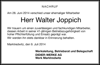 Traueranzeige von Walter Joppich von Frankenpost