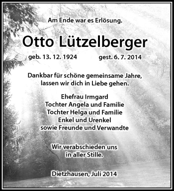 Traueranzeige von Otto Lützelberger von Südthüringer Presse