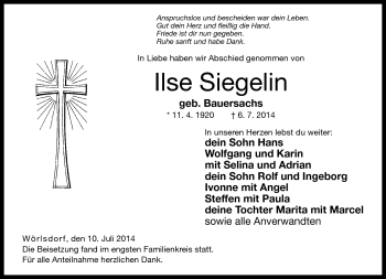 Traueranzeige von Ilse Siegelin von Neue Presse Coburg