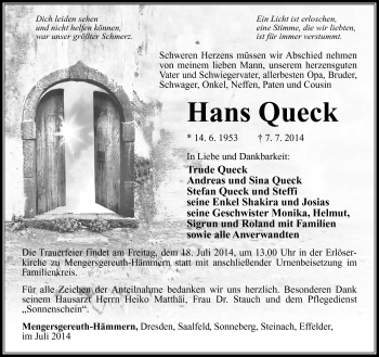 Traueranzeige von Hans Queck von Südthüringer Presse