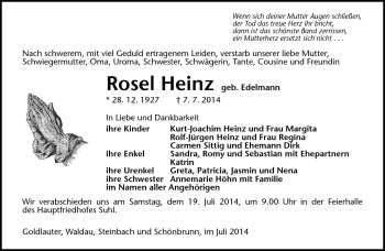 Traueranzeige von Rosel Heinz von Südthüringer Presse