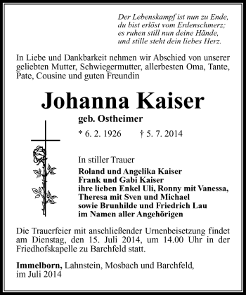 Traueranzeige von Johanna Kaiser von Südthüringer Presse