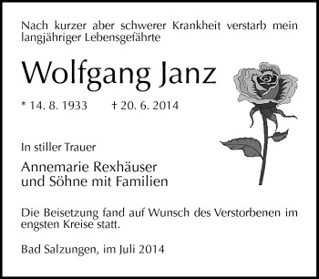 Traueranzeige von Wolfgang Janz von Südthüringer Presse