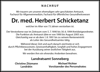 Traueranzeige von Herbert Schicketanz von Südthüringer Presse