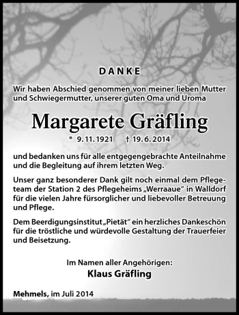 Traueranzeige von Margarete Gräfling von Südthüringer Presse