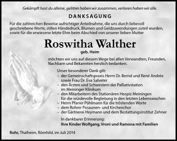 Traueranzeige von Roswitha Walther von Südthüringer Presse