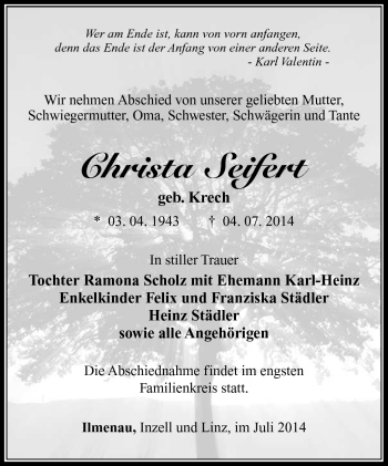 Traueranzeige von Christa Seifert von Südthüringer Presse