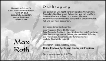 Traueranzeige von Max Roth von Südthüringer Presse