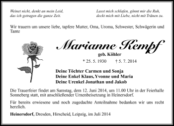 Traueranzeige von Marianne Kempf von Südthüringer Presse