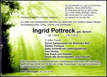 Traueranzeige von Ingrid Pottreck von Südthüringer Presse