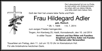 Traueranzeige von Hildegard Adler von Frankenpost