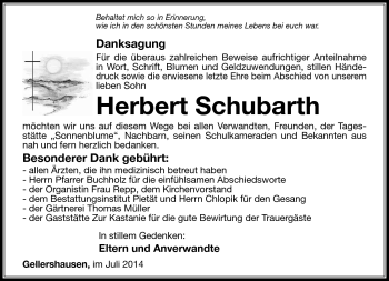 Traueranzeige von Herbert Schubarth von Südthüringer Presse