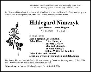 Traueranzeige von Hildegard Nimczyk von Südthüringer Presse