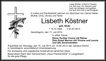 Traueranzeige von Lisbeth Köstner von Frankenpost