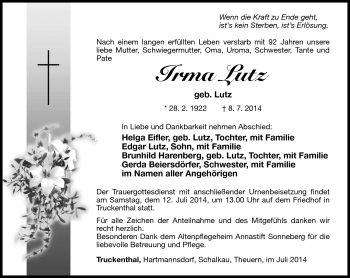 Traueranzeige von Irma Lutz von Südthüringer Presse