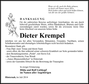 Traueranzeige von Dieter Krempel von Südthüringer Presse