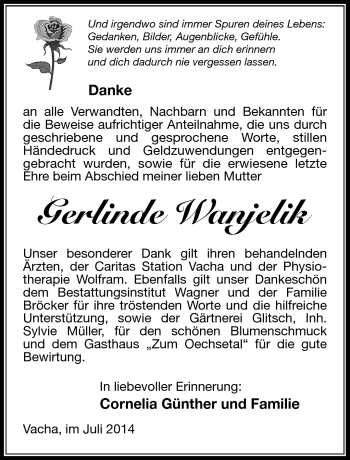 Traueranzeige von Gerlinde Wanjelik von Südthüringer Presse
