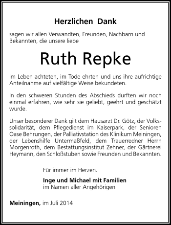 Traueranzeige von Ruth Repke von Südthüringer Presse