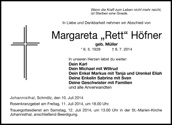 Traueranzeige von Margareta Höfner von Neue Presse Coburg