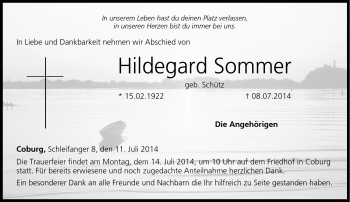 Traueranzeige von Hildegard Sommer von Neue Presse Coburg