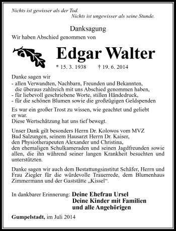 Traueranzeige von Edgar Walter von Südthüringer Presse