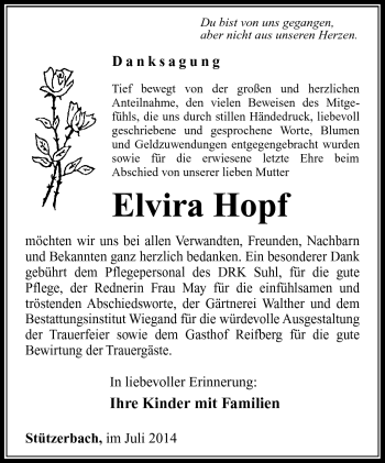 Traueranzeige von Elvira Hopf von Südthüringer Presse