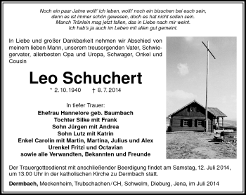 Traueranzeige von Leo Schuchert von Südthüringer Presse