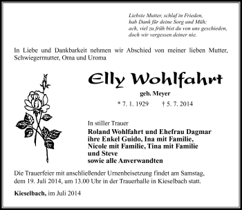 Traueranzeige von Elly Wohlfahrt von Südthüringer Presse