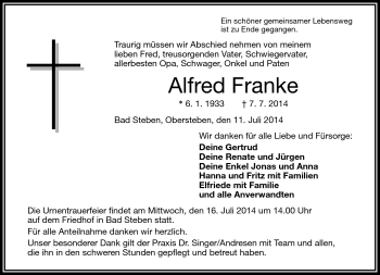 Traueranzeige von Alfred Franke von Frankenpost