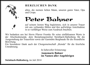 Traueranzeige von Peter Bahner von Südthüringer Presse