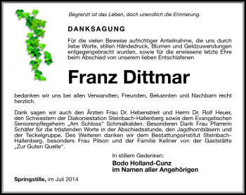 Traueranzeige von Franz Dittmar von Südthüringer Presse