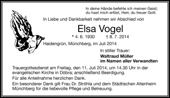 Traueranzeige von Elsa Vogel von Frankenpost