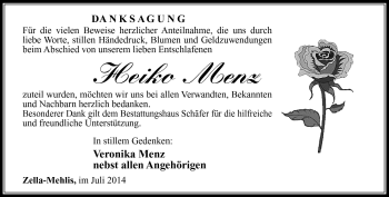 Traueranzeige von Heiko Menz von Südthüringer Presse