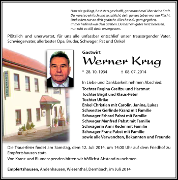 Traueranzeige von Werner Krug von Südthüringer Presse
