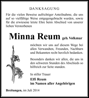 Traueranzeige von Minna Reum von Südthüringer Presse
