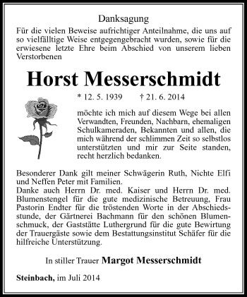 Traueranzeige von Horst Messerschmidt von Südthüringer Presse