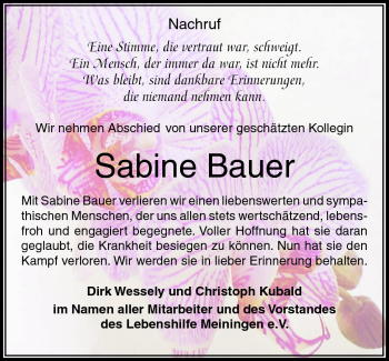 Traueranzeige von Sabine Bauer von Südthüringer Presse