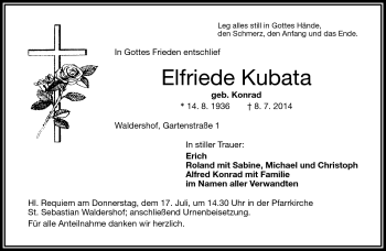 Traueranzeige von Elfriede Kubata von Frankenpost