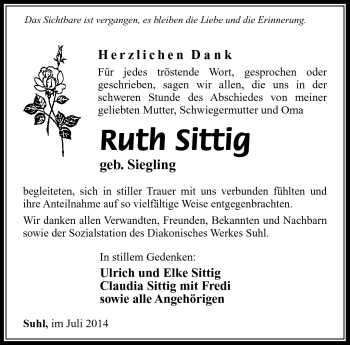 Traueranzeige von Ruth Sittig von Südthüringer Presse