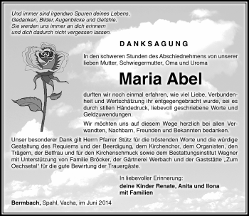 Traueranzeige von Maria Abel von Südthüringer Presse
