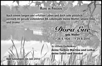 Traueranzeige von Dora Eue von Südthüringer Presse
